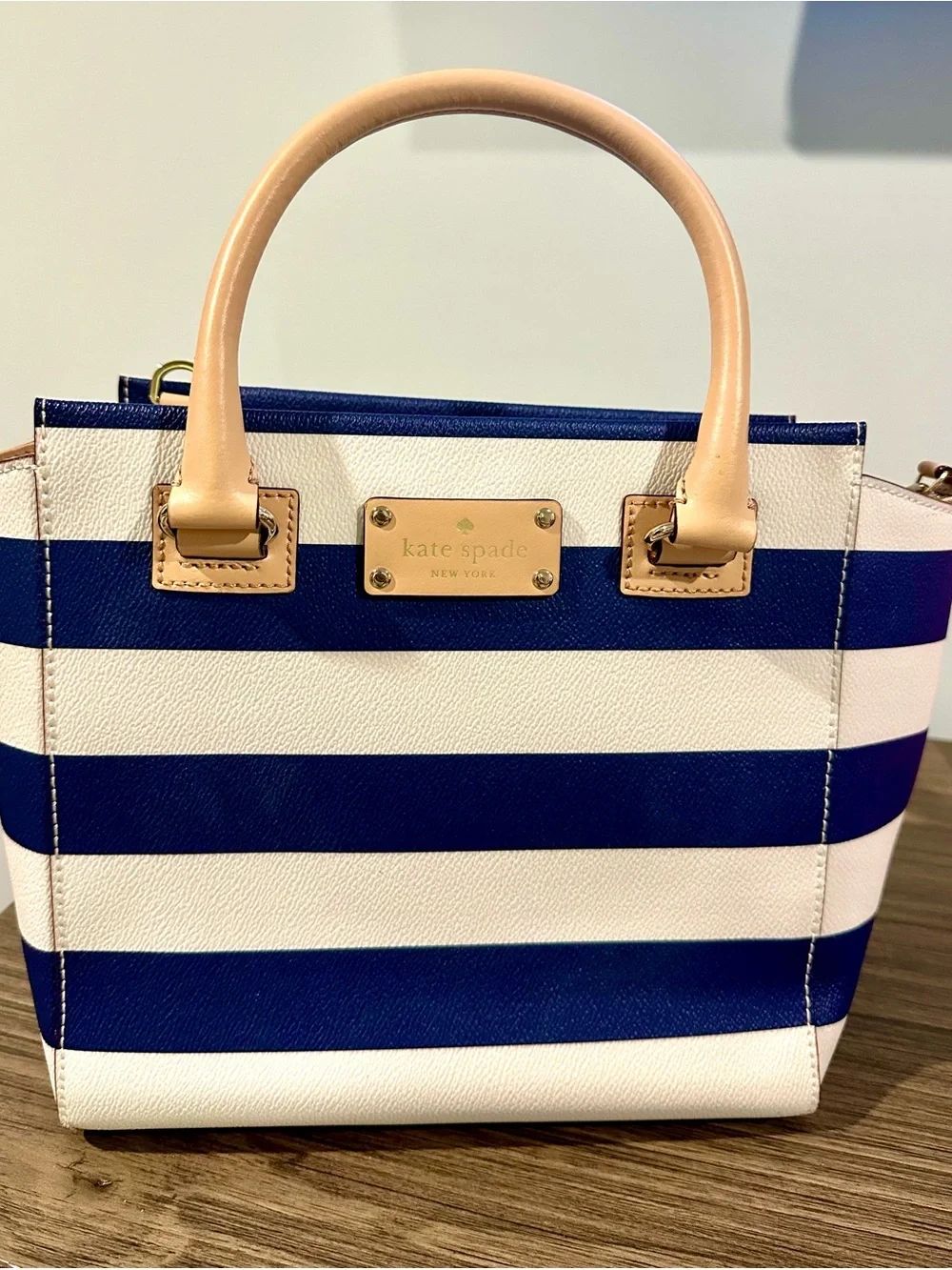 kate spade Camryn Wellesley Striped Navy and White Satchel with Beige Handles